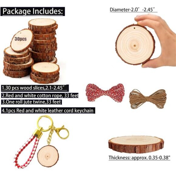 Natural Wood Slices 30pcs 2.0"-2.45" Predrilled Wood Circles for Craft - Picture 3 of 7